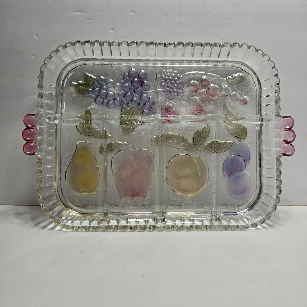 Vintage Glass Divided Fruit Serving Tray Frosted Embossed Platter Pink Handles